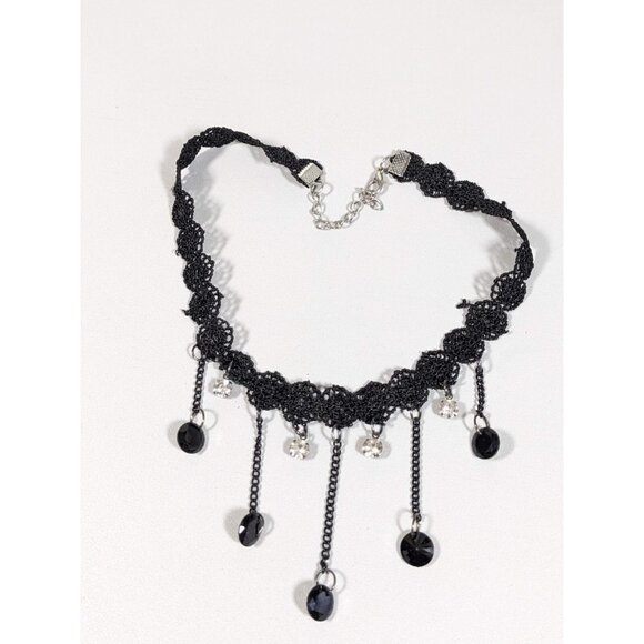 Silver Tone Black Crochet Crystal Charm Choker Necklace 16 in Gothic Retro - Picture 2 of 8